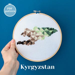 Patrón de punto de cruz con forma de mapa de Kirguistán. Manualidad para adultos con temática de países asiáticos. Tutorial de artesanía moderna para descargar al instante en PDF.