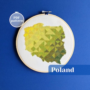 Patrón de punto de cruz con el mapa de Polonia. Idea de regalo para una boda polaca hecha a mano. Creación en tela con temática de Varsovia, Cracovia y Gdansk. Idea de regalo de amor propio.