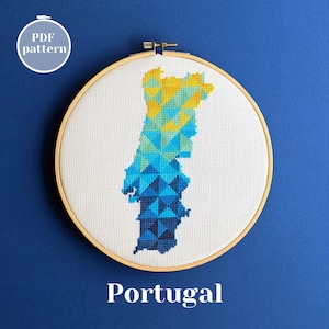 Portugal Landkarte Kreuzstichvorlage. Einfaches Mosaik Stickmuster. Modernes Stickdesign für die Innendekoration. DIY You Are Special Geschenkidee.