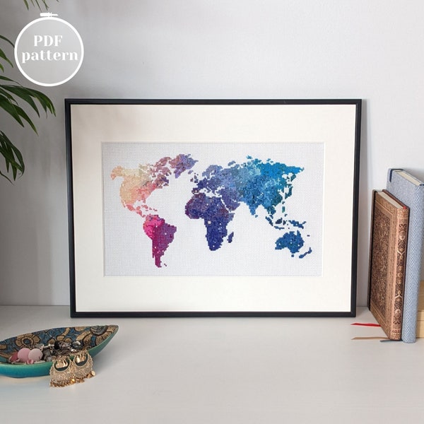 World map cross stitch scheme for instant download | Galaxy watercolor modern xstitch pattern | DIY stitched wall decor | Gift for traveler