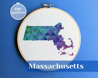 Massachusetts (USA) map cross stitch PDF pattern. Modern xStitch chart for instant download. DIY wall embroidery decor for cozy hobby