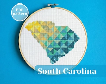South Carolina (USA) map cross stitch pattern. American State silhouette home decor. Simple counted embroidery chart for analog hobby