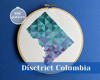 Disctrict Columbia (USA) map cross stitch pattern. American wedding handmade gift idea. Creation on fabric with Washington DC theme