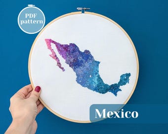 Mexico map cross stitch pattern withcolorful theme. Advanced needlework PDF charts. Analog hobby idea for off screen time