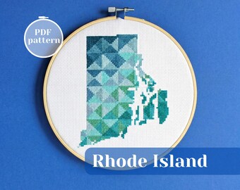 Rhode Island (USA) map cross stitch pattern. Modern simple xStitch PDF chart. Custom gift idea for a friend. Colorful wall embroidery decor