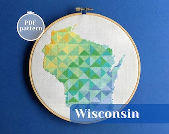 Wisconsin (USA) map cross stitch pattern. American themed wall art hanging. Modern inspired embroidery design. One of a kind gift idea