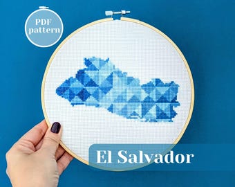 El Salvador map cross stitch PDF pattern. Modern counted xStitch chart for instant download. DIY Central America wall embroidery decor