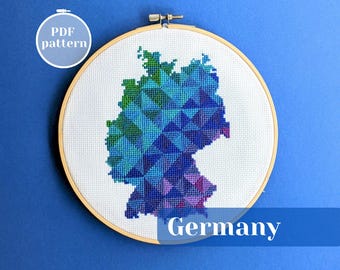 Germany outline cross stitch pattern with modern design. Simple embroidery PDF chart for instant download. Screen free activity for me time