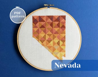 Nevada map outline cross stitch pattern. Custom handmade sustainable present. Modern embroidery hoop art that you can create yourself