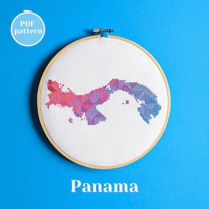 Modèle PDF de carte du Panama au point de croix. Tableau xStitch compté moderne à télécharger instantanément. Broderie murale décorative DIY pour ami latino