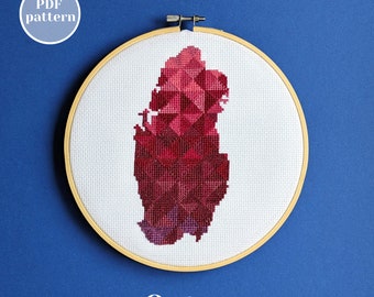 Qatar map cross stitch pattern in purple. Doha Asian themed xstitch design. Modern simple embroidery chart to create unique wall decoration