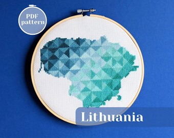 Lithuania map cross stitch pattern. Modern needle and thread design for cottagecore decor. Simple DIY embroidery hoop with Vilnius theme
