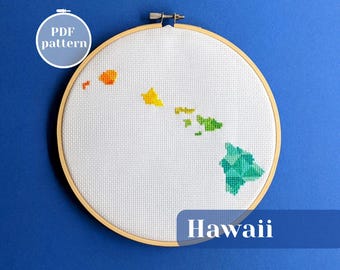 Hawaii islands map cross stitch pattern. Modern xstitch design in tropical colors. Custom simple DIY gift idea. United States Aloha State