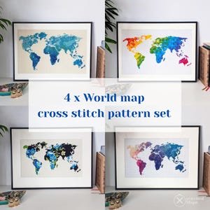 Cartes du monde LOT de QUATRE motifs xStitch. Schémas PDF au point de croix compté à télécharger instantanément. Projet créatif pour cadeau de fête des mères