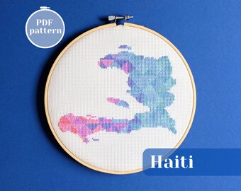 Haiti map cross stitch PDF instruction. Modern textile design pattern with Caribbean theme. Custom gratitude present for someone you love