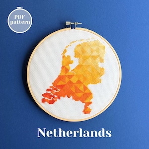 Modèle de carte des Pays-Bas au point de croix. Motif de broderie moderne pour une décoration personnalisée. Cadeau unique pour un ami ou un membre de la famille basé à Amsterdam