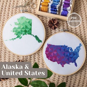 Ensemble de motifs de point de croix des États-Unis et de l'ALASKA. Lot de cartes comptées xstitch faciles à suivre. Motifs géométriques modernes PDF pour une décoration d'art murale unique