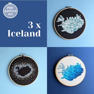 3 cartes d'Islande - lot de modèles de point de croix. Décoration murale brodée sur le thème de Reykjavik. Tableaux PDF modernes à téléchargement instantané xstitch