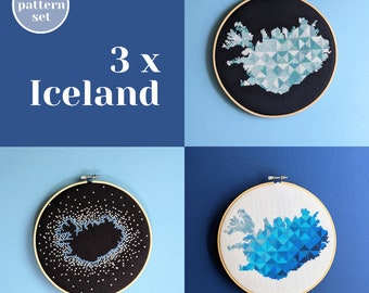 3 Iceland maps - cross stitch pattern set. Reykjavik themed wall embroidery decoration. Modern xstitch PDF charts for cozy winter hobby