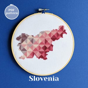 Patrón de punto de cruz moderno con el mapa de Eslovenia. Arte de fibra artesanal con temática de Liubliana. Gráfico en PDF de xStitch contado simple para decoración de pared.
