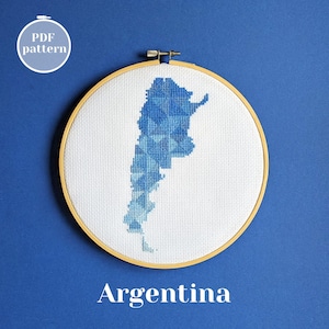 Patrón de punto de cruz con el mapa de Argentina. Gráfico PDF xStitch moderno y sencillo. Regalo personalizado para viajeros. Decoración de pared bordada DIY para tu hogar en Buenos Aires.