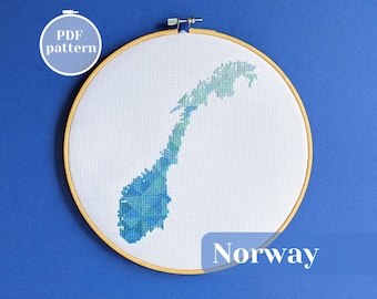 Norway map cross stitch pattern. Simple modern embroidery instruction in PDF format. Creative needlepoint composition and relaxing hobby