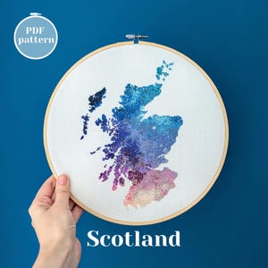 Grille point de croix, carte de l'Ecosse. Silhouette représentant un pays du Royaume-Uni à broder. Grille de xstitch PDF pour une décoration murale moderne avec un design unique