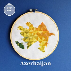 Aserbaidschan Landkarte Kreuzstichmuster. Moderne einfache xStitch PDF-Fibel. Individuelles Geschenk für ihre Idee. Künstlerisches gesticktes Dekor mit Baku-Motiv