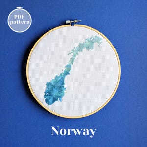 Norwegen Landkarte im 66w x 82h Kreuzstichmuster. Gezähltes Stickmuster als PDF zum sofortigen Download. Skandinavisches Geschenk für einen Wikinger-Fan