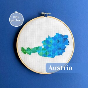 Austria map counted cross stitch pattern. Modern xstitch design with Vienna motif. Simple embroidery PDF chart for instant download.