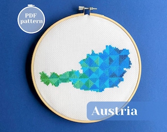 Austria map counted cross stitch pattern. Modern xstitch design with Vienna Salzburg motif. Perfect DIY project for anxiety relief