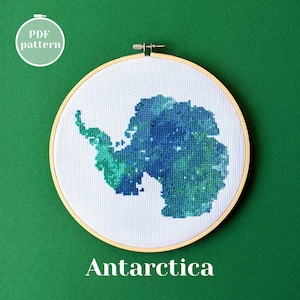 Patrón de punto de cruz del mapa antártico para descarga inmediata. Silueta de la Antártida en bordado expresivo. Regalo de cumpleaños artesanal.