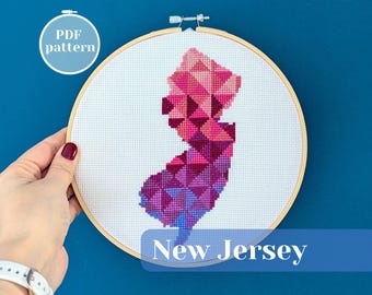 New Jersey cross stitch pattern. United States (USA) map embroidery design. Simple xstitch chart for cozy winter needlework and me time