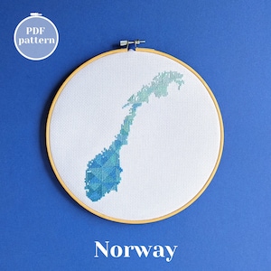 Norway map 74w x 92h cross stitch pattern. Simple modern embroidery instruction in PDF format. Creative Valentine gift for yourself