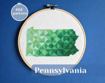 Pennsylvania (USA) state map cross stitch pattern. DIY embroidery hoop for grandma hobby. Digital PDF files for instant download.