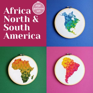 May include: A PDF pattern set featuring cross-stitch designs of the continents. The image shows four circular embroidery hoops, each with a different continent: North America, Africa, and South America. The text "Africa North & South America" is displayed.