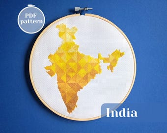 India map cross stitch design. Abstract embroidery pattern fit for any beginner. Unique DIY project for off-screen hobby and wall hanging