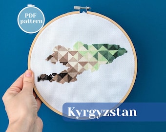 Kyrgyzstan map shape cross stitch pattern. Adult craft DIY with Asian country theme. Modern handicraft tutorial for instant download in PDF