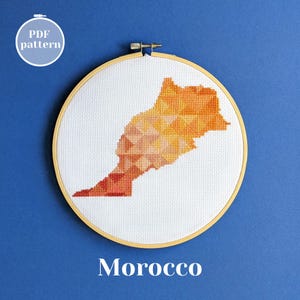 Marokko Silhouette Kreuzstich PDF Design. Fantasievolle Bastelanleitung für einzigartiges Jubiläumsgeschenk. Modernes Stickmuster von Landkarten.