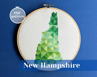 New Hampshire map cross stitch pattern. Artisanal stitchery design for DIY project. Handcrafted embroidery gift for a traveler.
