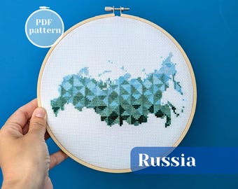 Russia map cross stitch pattern for analog crafting. Forest green modern xstitch chart. DIY learn and make gift idea for cottage core hobby