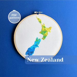 Neuseeland Landkarte Kreuzstich PDF Chart. Einfaches Stickmuster für ein einzigartiges Geschenk. Moderne farbenfrohe Stickdatei für Reiseandenken