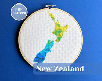 New Zealand map cross stitch PDF chart. Simple xstitch pattern to create unique gift. Modern colorful embroidery design for travel souvenir