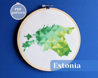 Patrón de punto de cruz con el mapa de Estonia para descargar al instante. Diseño de bordado para principiantes en PDF. Regalo DIY para una mudanza con temática de Tallin.