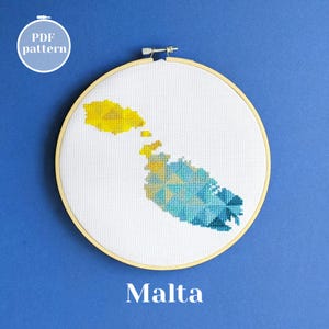 Carte de Malte, point de croix moderne. Conception PDF simple avec xstitch pour bricoleur adulte. Un souvenir mémorable sur le thème méditerranéen pour la décoration intérieure.