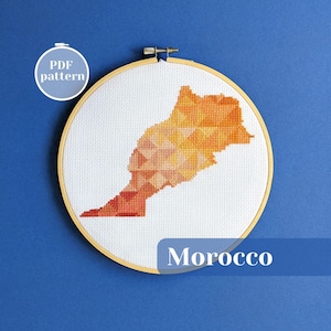 Morocco silhouette cross stitch PDF design. Imaginary crafting guide to create unique anniversary gift. Modern embroidery map pattern.