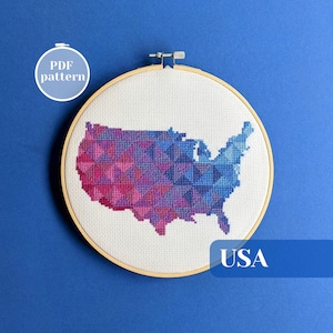 Patrón de punto de cruz con forma de mapa de EE. UU. Tutorial para crear un mapa de Estados Unidos con tela. Diseño moderno de punto de cruz para un regalo pequeño y bonito.