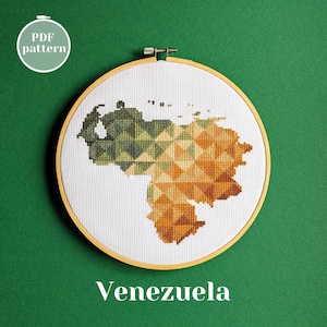 Modèle PDF de carte du Venezuela au point de croix. Tutoriel original du projet xStitch à télécharger instantanément. Cadeau attentionné pour un ami qui a le mal du pays.