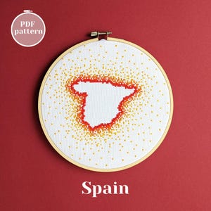 Spanien Landkarte - einfacher Kreuzstich, PDF Muster. Madrid Barcelona Thema Wanddekoration. Negativ-Weltraum-Stickerei mit Punkten.