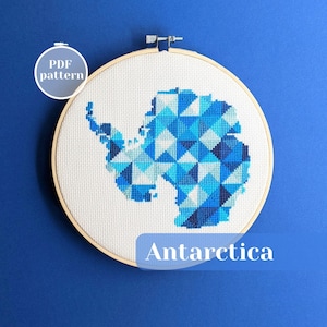 Antarktis Karte Kreuzstichmuster zum direkter Download. Moderne Stickerei mit minimalistischem Design. Kreatives DIY Geschenk für Reisefreund